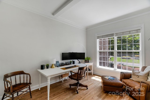 office area featuring baseboards, wood finished floors, and a healthy amount of sunlight