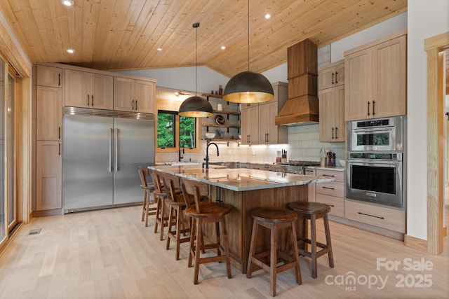 192 Lakeview Trl, Bryson City, NC 28713 - kitchen featuring stainless steel appliances, wood ceiling, light wood finished floors, backsplash, and a center island with sink