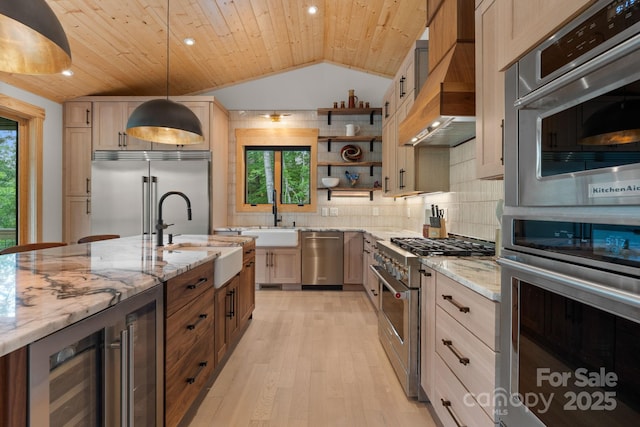 192 Lakeview Trl, Bryson City, NC 28713 - kitchen with high end appliances, wine cooler, a sink, wood ceiling, and open shelves