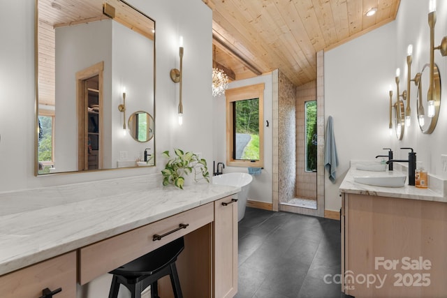 192 Lakeview Trl, Bryson City, NC 28713 - full bath featuring wood ceiling, double vanity, a stall shower, lofted ceiling, and a freestanding tub