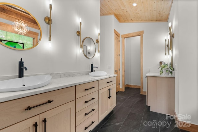 192 Lakeview Trl, Bryson City, NC 28713 - bathroom featuring double vanity and wood ceiling