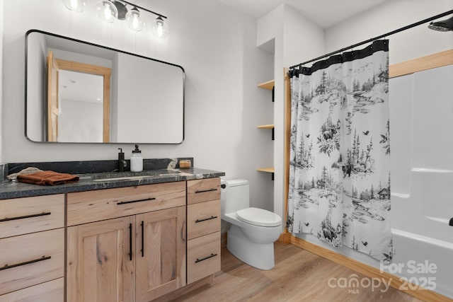 192 Lakeview Trl, Bryson City, NC 28713 - full bath with wood finished floors, vanity, toilet, and shower / tub combo with curtain