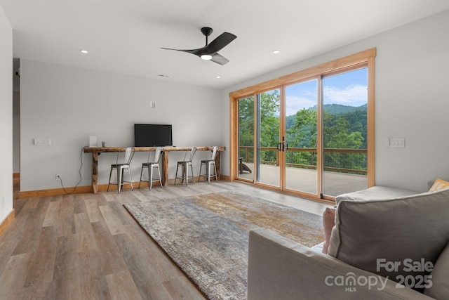192 Lakeview Trl, Bryson City, NC 28713 - living room featuring an office area, wood finished floors, a ceiling fan, recessed lighting, and baseboards