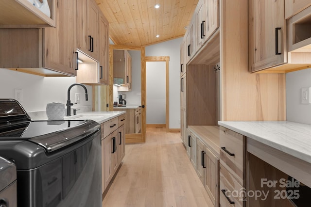 192 Lakeview Trl, Bryson City, NC 28713 - kitchen featuring washer / clothes dryer, a sink, wood ceiling, light wood finished floors, and recessed lighting
