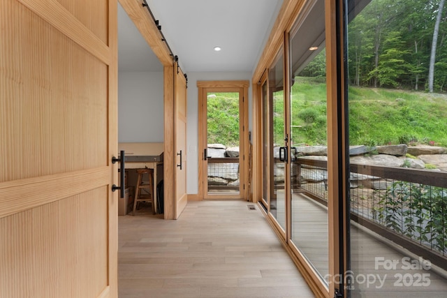 192 Lakeview Trl, Bryson City, NC 28713 - hallway featuring a barn door and light wood-style floors