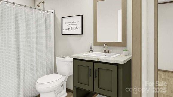 full bath featuring toilet, vanity, wood finished floors, and curtained shower