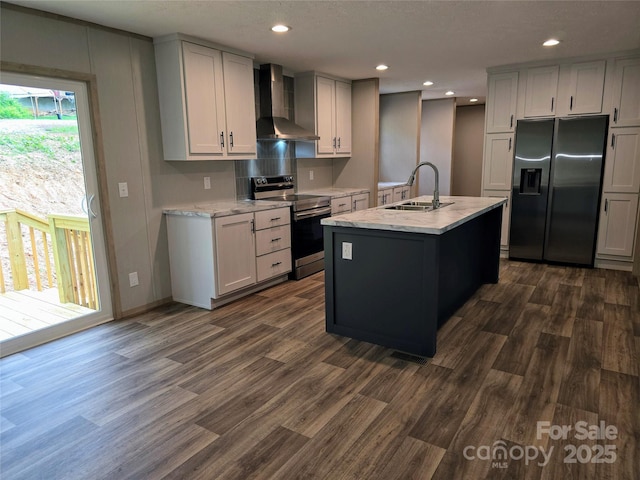 28 Mcgee Hill Rd, Fairview, NC 28730 - kitchen with appliances with stainless steel finishes, a sink, wall chimney exhaust hood, dark wood-style floors, and recessed lighting