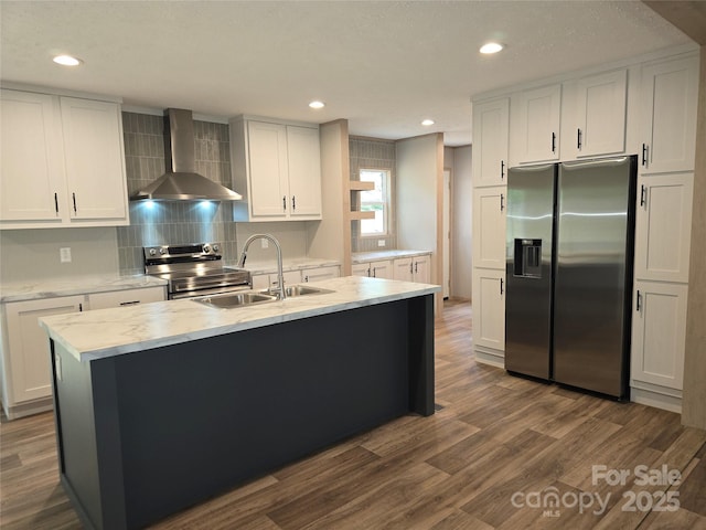 28 Mcgee Hill Rd, Fairview, NC 28730 - kitchen featuring appliances with stainless steel finishes, wall chimney range hood, a sink, dark wood-style flooring, and backsplash