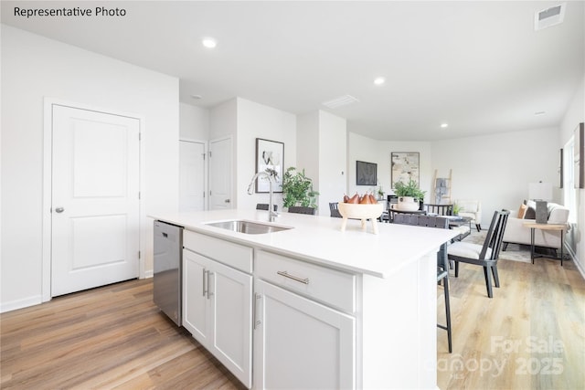 kitchen with stainless steel dishwasher, a sink, visible vents, light wood-style floors, and white cabinetry