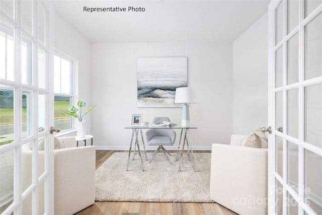 office space with wood finished floors, baseboards, and french doors