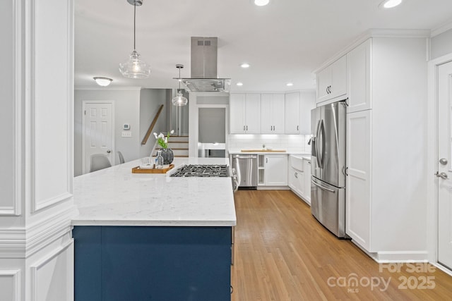 3808 Severn Ave, Charlotte, NC 28210 - kitchen featuring crown molding, backsplash, white cabinetry, stainless steel appliances, and island exhaust hood
