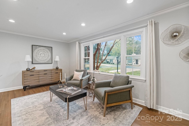 3808 Severn Ave, Charlotte, NC 28210 - sitting room with baseboards, crown molding, wood finished floors, and recessed lighting