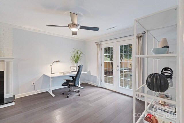 3808 Severn Ave, Charlotte, NC 28210 - office area featuring crown molding, french doors, baseboards, a ceiling fan, and wood finished floors