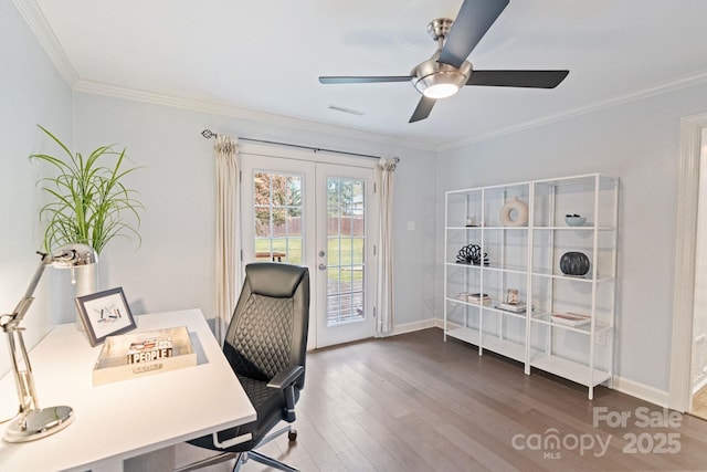 3808 Severn Ave, Charlotte, NC 28210 - office space featuring crown molding, wood finished floors, french doors, and a ceiling fan