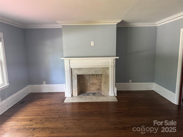 603 E Main St, Rock Hill, SC 29730 - unfurnished living room featuring a fireplace, crown molding, and wood finished floors