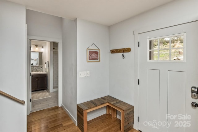 mudroom with wood finished floors, a sink, and baseboards
