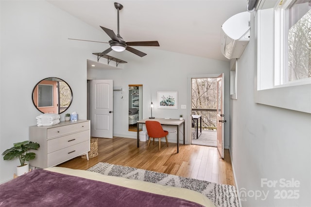 bedroom featuring ceiling fan, high vaulted ceiling, light wood-style floors, and baseboards