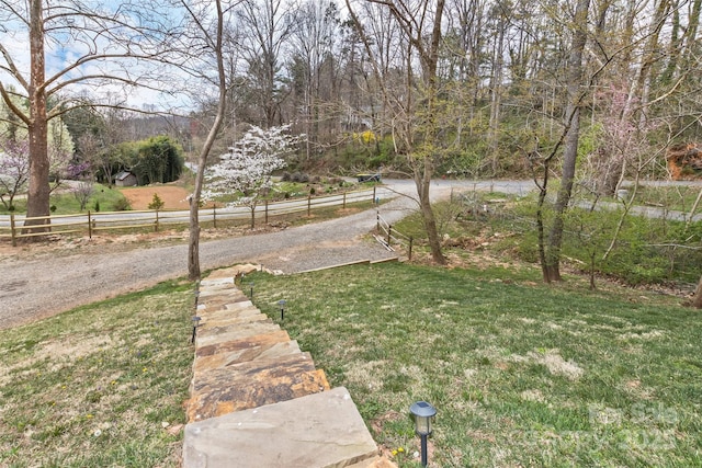 view of yard featuring fence and driveway