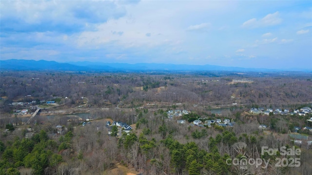 birds eye view of property featuring a wooded view and a mountain view
