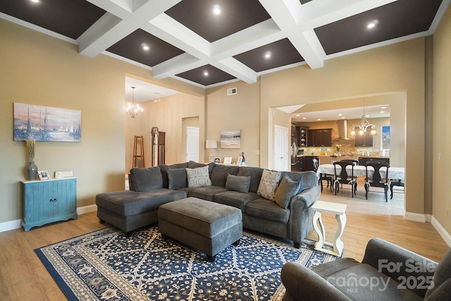 226 Hermance Ln, Mooresville, NC 28117 - living area featuring a chandelier, coffered ceiling, light wood-style floors, beamed ceiling, and baseboards