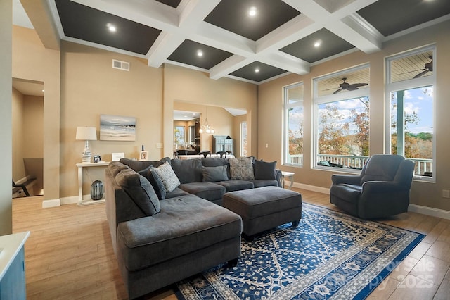 226 Hermance Ln, Mooresville, NC 28117 - living area featuring coffered ceiling, beamed ceiling, light wood-style flooring, baseboards, and recessed lighting