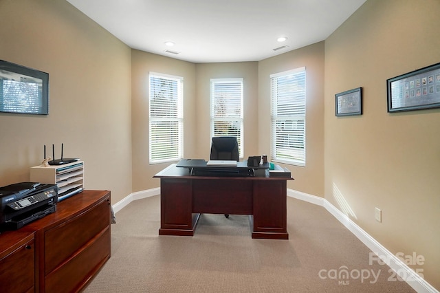 226 Hermance Ln, Mooresville, NC 28117 - office area featuring light carpet, baseboards, and recessed lighting