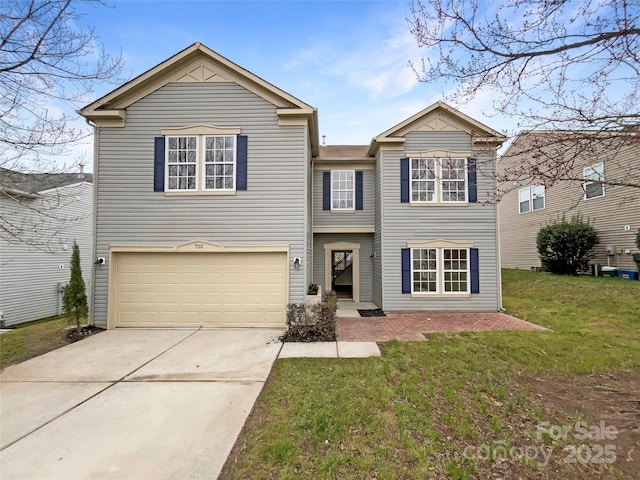 traditional home featuring driveway, a front lawn, and an attached garage