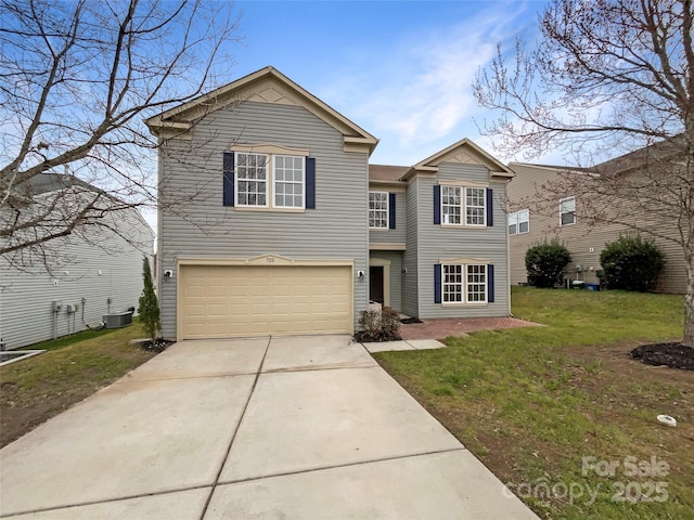 traditional home with driveway, an attached garage, central AC, and a front yard
