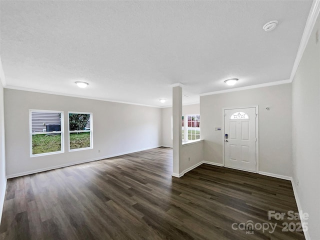 foyer with baseboards, a textured ceiling, dark wood finished floors, and crown molding