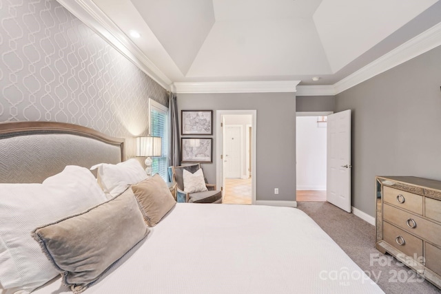 bedroom with light carpet, baseboards, crown molding, and wallpapered walls