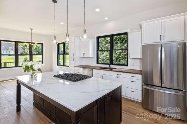 kitchen featuring white cabinets, stainless steel appliances, wood finished floors, and a wealth of natural light