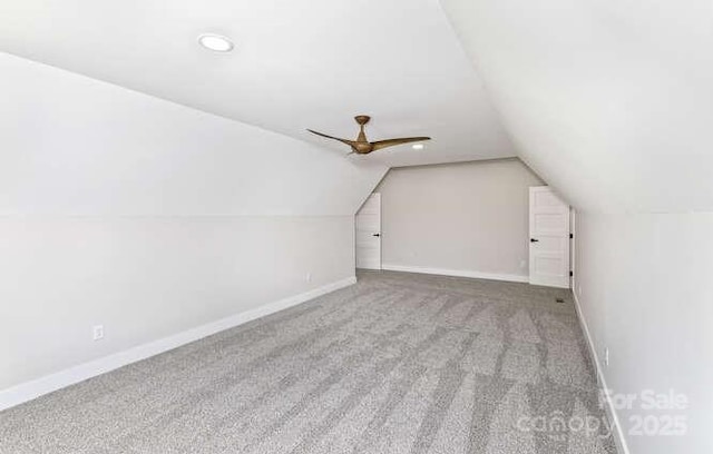 additional living space featuring baseboards, ceiling fan, recessed lighting, carpet, and vaulted ceiling