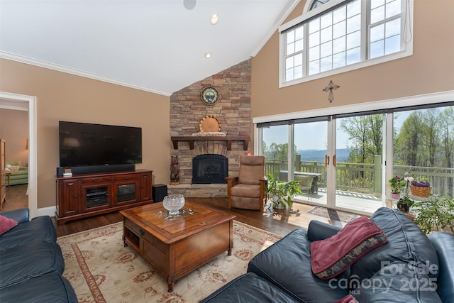 172 Sunny Ridge Rd, Hendersonville, NC 28739 - living area with high vaulted ceiling, plenty of natural light, wood finished floors, and a fireplace