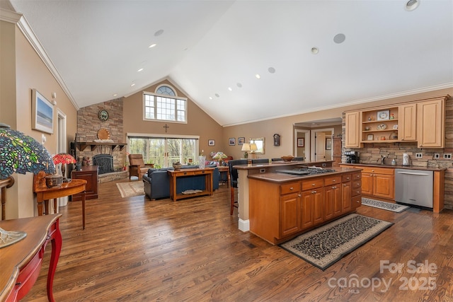 172 Sunny Ridge Rd, Hendersonville, NC 28739 - kitchen with open shelves, a stone fireplace, a center island, stovetop, and dishwasher