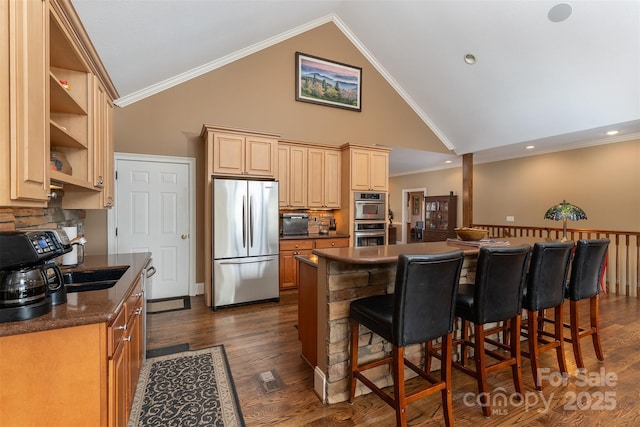 172 Sunny Ridge Rd, Hendersonville, NC 28739 - kitchen featuring a kitchen bar, open shelves, dark countertops, stainless steel appliances, and decorative backsplash