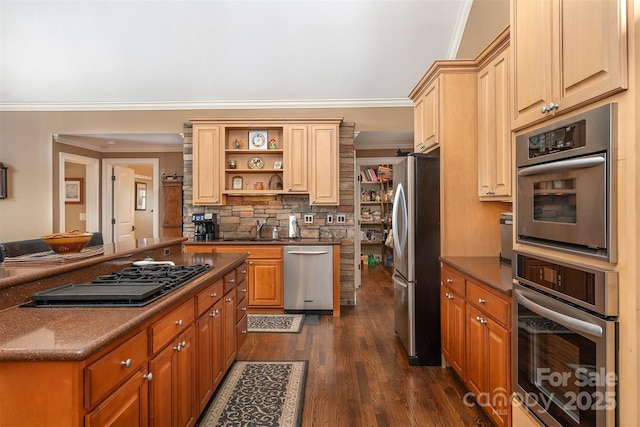 172 Sunny Ridge Rd, Hendersonville, NC 28739 - kitchen featuring open shelves, dark countertops, ornamental molding, and stainless steel appliances