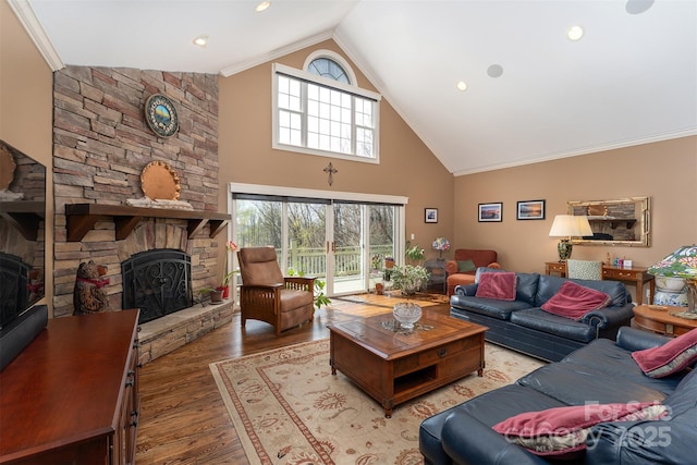 172 Sunny Ridge Rd, Hendersonville, NC 28739 - living room with high vaulted ceiling, light wood finished floors, ornamental molding, and a stone fireplace