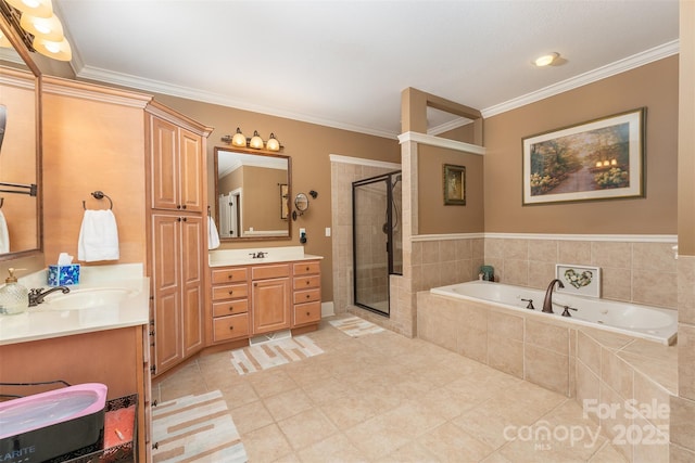 172 Sunny Ridge Rd, Hendersonville, NC 28739 - full bath with a bath, ornamental molding, vanity, tile patterned floors, and a stall shower