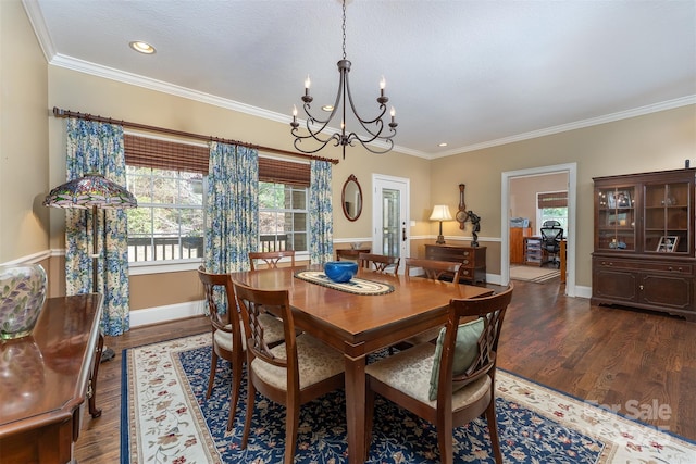 172 Sunny Ridge Rd, Hendersonville, NC 28739 - dining area with crown molding, recessed lighting, a chandelier, and dark wood finished floors