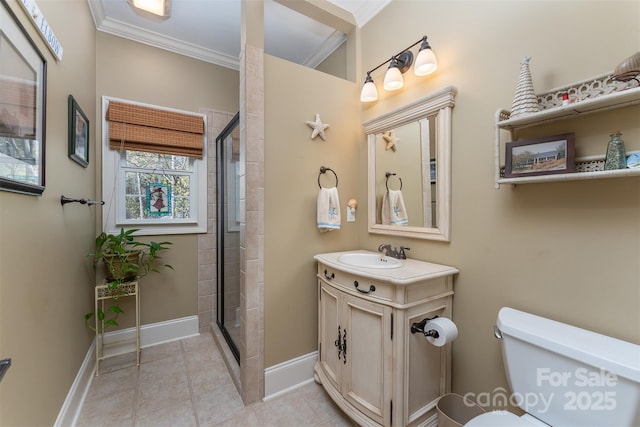 172 Sunny Ridge Rd, Hendersonville, NC 28739 - full bath with vanity, baseboards, ornamental molding, a stall shower, and toilet