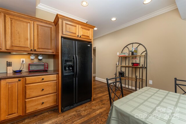 172 Sunny Ridge Rd, Hendersonville, NC 28739 - kitchen featuring brown cabinetry, black refrigerator with ice dispenser, recessed lighting, and dark wood finished floors