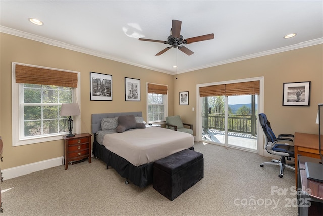 172 Sunny Ridge Rd, Hendersonville, NC 28739 - bedroom featuring light carpet, baseboards, access to exterior, and crown molding