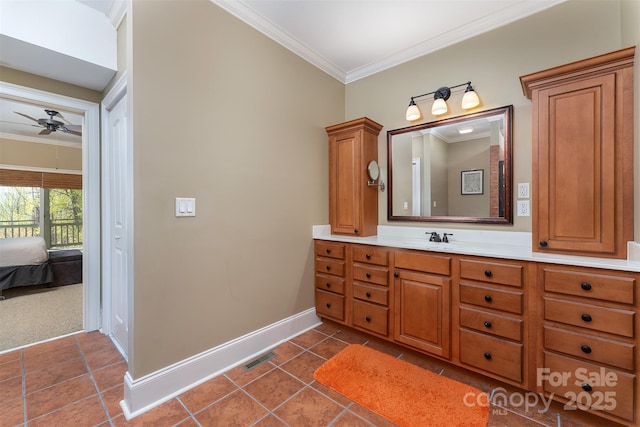 172 Sunny Ridge Rd, Hendersonville, NC 28739 - ensuite bathroom with vanity, baseboards, tile patterned flooring, a ceiling fan, and crown molding