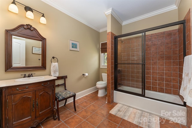 172 Sunny Ridge Rd, Hendersonville, NC 28739 - bathroom featuring toilet, enclosed tub / shower combo, crown molding, vanity, and tile patterned flooring