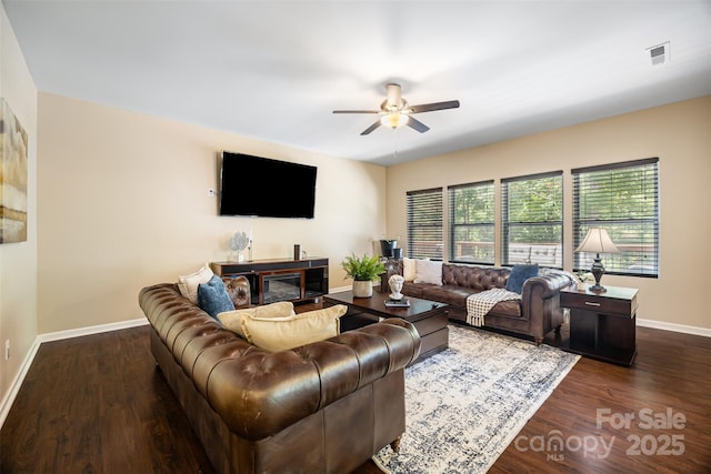 352 Nantucket Way, Rock Hill, SC 29732 - living room featuring a ceiling fan, baseboards, and dark wood finished floors