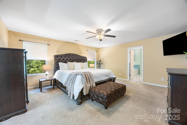 352 Nantucket Way, Rock Hill, SC 29732 - bedroom with baseboards, light colored carpet, ceiling fan, and ensuite bathroom