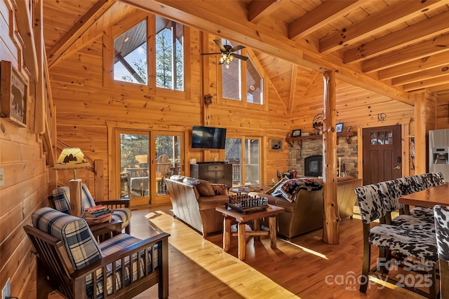 1600 Pisgah Preserve Dr, Nebo, NC 28761 - living area with wooden ceiling, a ceiling fan, vaulted ceiling with beams, wood finished floors, and wood walls
