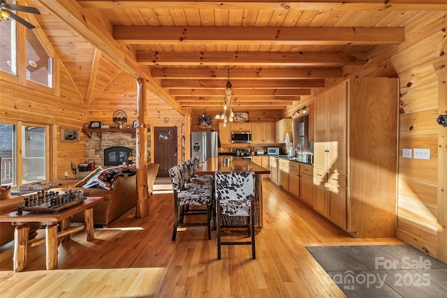 1600 Pisgah Preserve Dr, Nebo, NC 28761 - dining room with wood walls, wood ceiling, beam ceiling, light wood-style flooring, and a fireplace