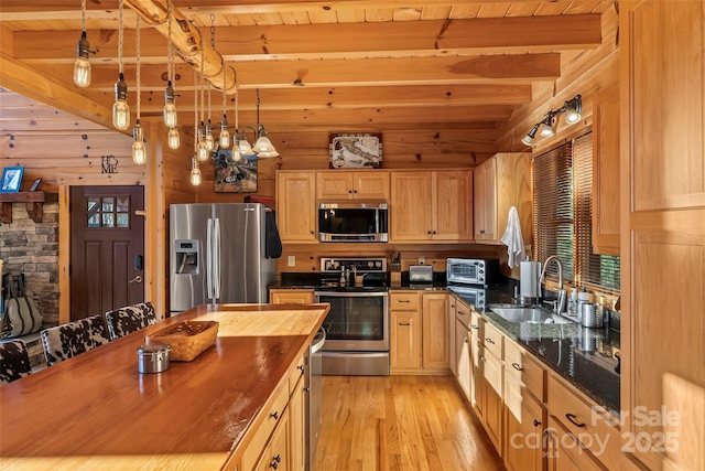 1600 Pisgah Preserve Dr, Nebo, NC 28761 - kitchen with butcher block countertops, stainless steel appliances, beam ceiling, a sink, and light wood-style floors