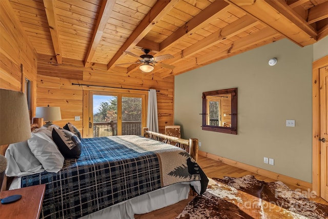 1600 Pisgah Preserve Dr, Nebo, NC 28761 - bedroom featuring wood walls, wooden ceiling, beam ceiling, access to exterior, and wood finished floors